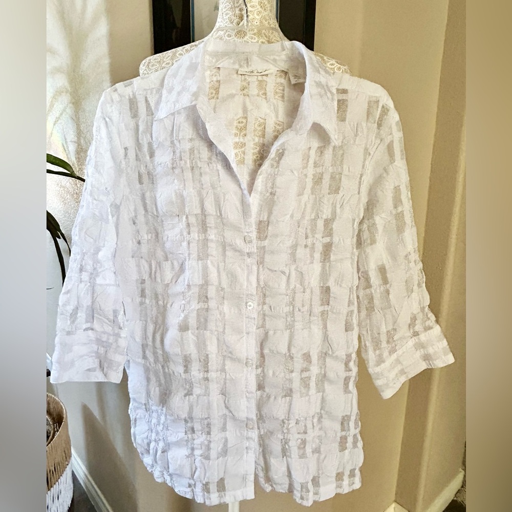 Marsh Landing White Modernist Burnout Gauze Funky Art-to-Wear Button Down Sz L
